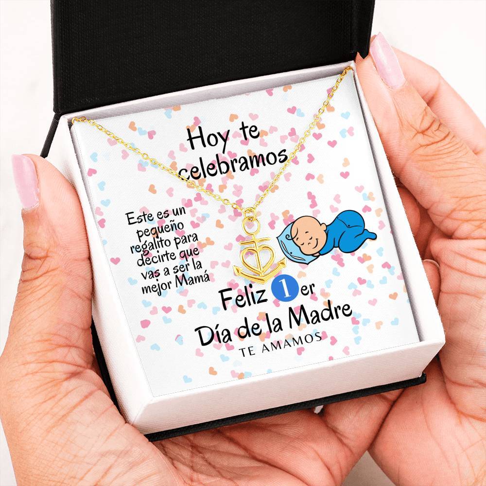Collar para Mamá: Feliz 1er Día de la Madre- (Boy) - Regalo perfecto para Día de la Madre - Collar Ancla con corazón Jewelry 18k Yellow Gold Finish Anchor Necklace 