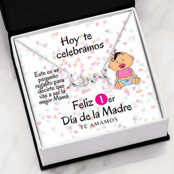 Collar para Mamá: Feliz 1er Día de la Madre - (Girl) -Regalo perfecto para Día de la Madre - Collar con palabra LOVE escrita Jewelry High Polished .316 Surgical Steel Scripted Love 