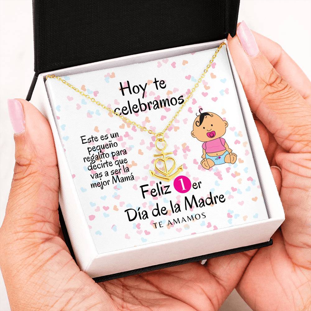 Collar para Mamá: Feliz 1er Día de la Madre- (Niña) Regalo perfecto para Día de la Madre - Collar Ancla con corazón Jewelry 18k Yellow Gold Finish Anchor Necklace 