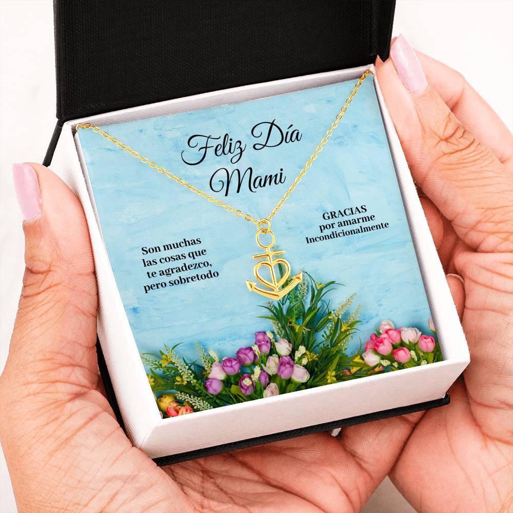 Collar para Mamá: Feliz Día Mami - Regalo perfecto para Día de la Madre - Collar Ancla con corazón Jewelry 18k Yellow Gold Finish Friendship Anchor 