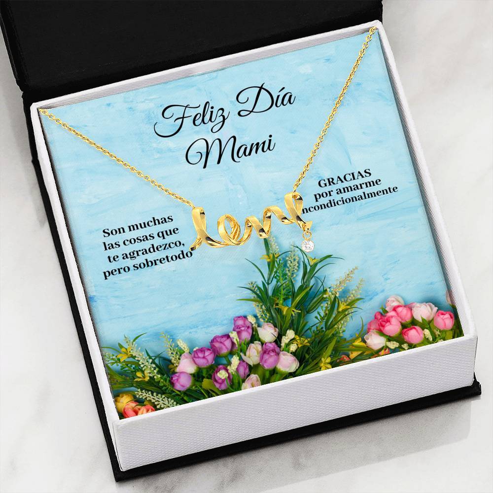 Collar para Mamá: Feliz Día Mami -Regalo perfecto para Día de la Madre - Collar con palabra LOVE escrita Jewelry 18k Yellow Gold Scripted Love 