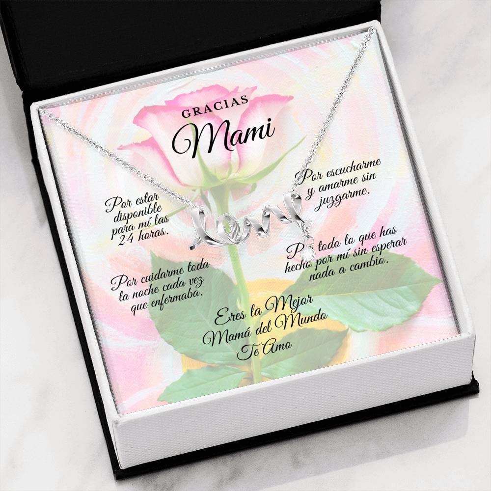 Collar para Mamá: Gracias Mami!!! Por estar disponible para mi - Regalo para Mamá - Collar con palabra LOVE escrita Jewelry High Polished .316 Surgical Steel Scripted Love 