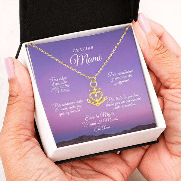 Collar para Mamá: Gracias Mami. Por estar… - Regalo perfecto para Día de la Madre - Collar Ancla con corazón Jewelry 18k Yellow Gold Finish Anchor Necklace 