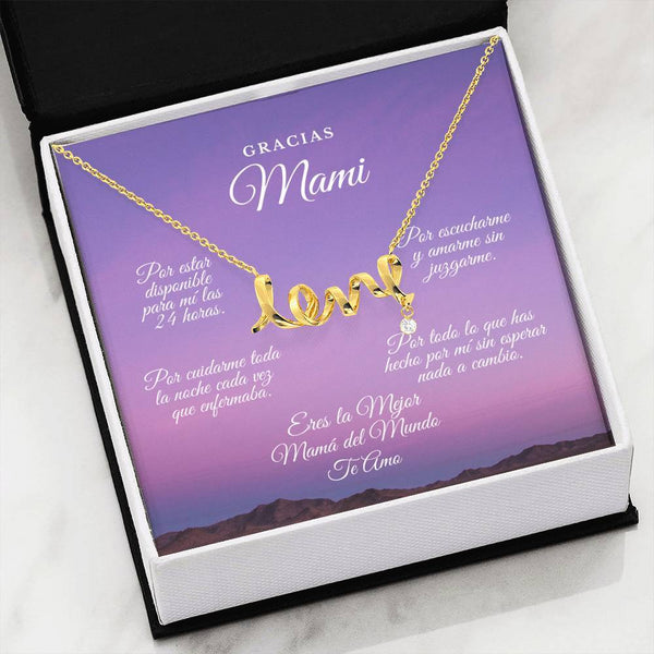 Collar para Mamá: Gracias Mami!!! Por estar - Regalo perfecto para Día de la Madre - Collar con palabra LOVE escrita Jewelry 18k Yellow Gold Scripted Love 