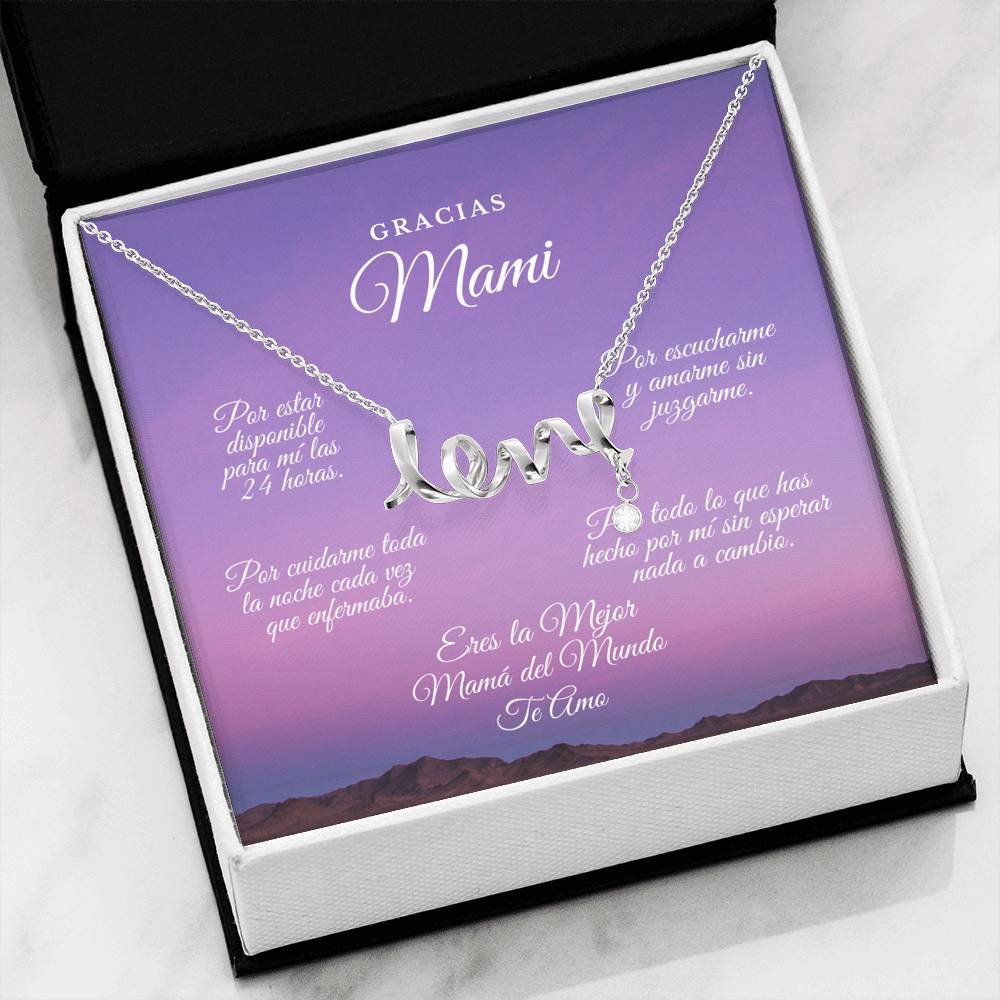Collar para Mamá: Gracias Mami!!! Por estar - Regalo perfecto para Día de la Madre - Collar con palabra LOVE escrita Jewelry High Polished .316 Surgical Steel Scripted Love 