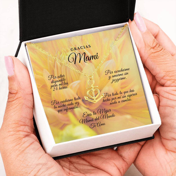 Collar para Mamá: Gracias Mami!!! - Regalo perfecto para Día de la Madre - Collar Ancla con corazón Jewelry 18k Yellow Gold Finish Anchor Necklace 