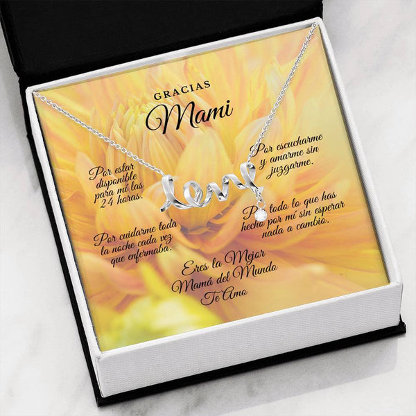 Collar para Mamá: Gracias Mami!!! - Regalo perfecto para Día de la Madre - Collar con palabra LOVE escrita Jewelry High Polished .316 Surgical Steel Scripted Love 