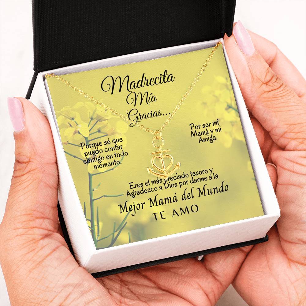 Collar para Mamá: Madrecita Mía - Gracias Por…- Regalo perfecto para Día de la Madre - Collar Ancla con corazón Jewelry 18k Yellow Gold Finish Anchor Necklace 