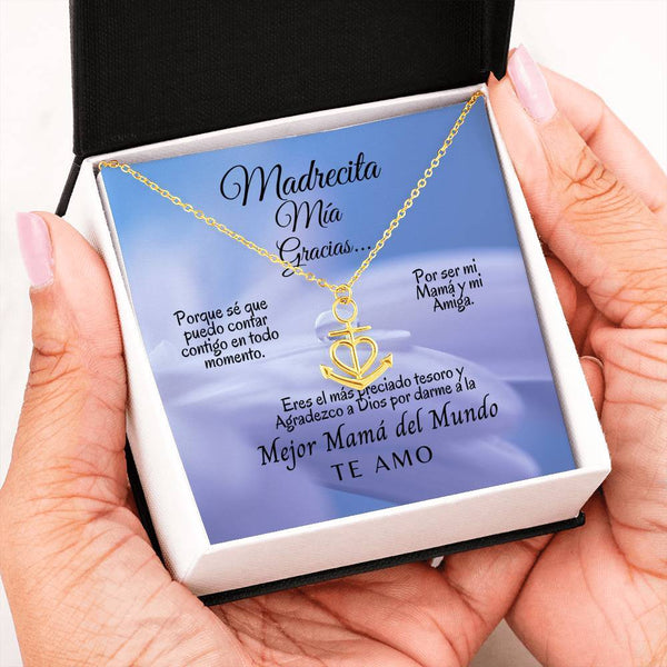 Collar para Mamá: Madrecita Mía - Gracias…- Regalo perfecto para Día de la Madre - Collar Ancla con corazón Jewelry 18k Yellow Gold Finish Anchor Necklace 