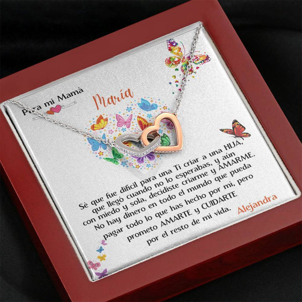 Collar para Mi Mamá de la Hija - Collar 2 corazones unidos con tarjeta personalizada. Jewelry ShineOn Fulfillment Caja de Madera de Lujo con Luz Mahogany 