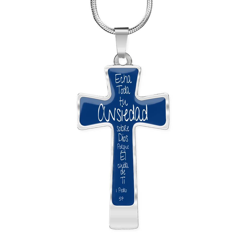 Collar para regalar a Papá en forma de Cruz: Echa toda tu Ansiedad sobre Dios porque Él cuida de Ti. Fondo Azul Jewelry 