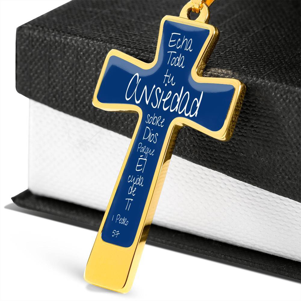 Collar para regalar a Papá en forma de Cruz: Echa toda tu Ansiedad sobre Dios porque Él cuida de Ti. Fondo Azul Jewelry 