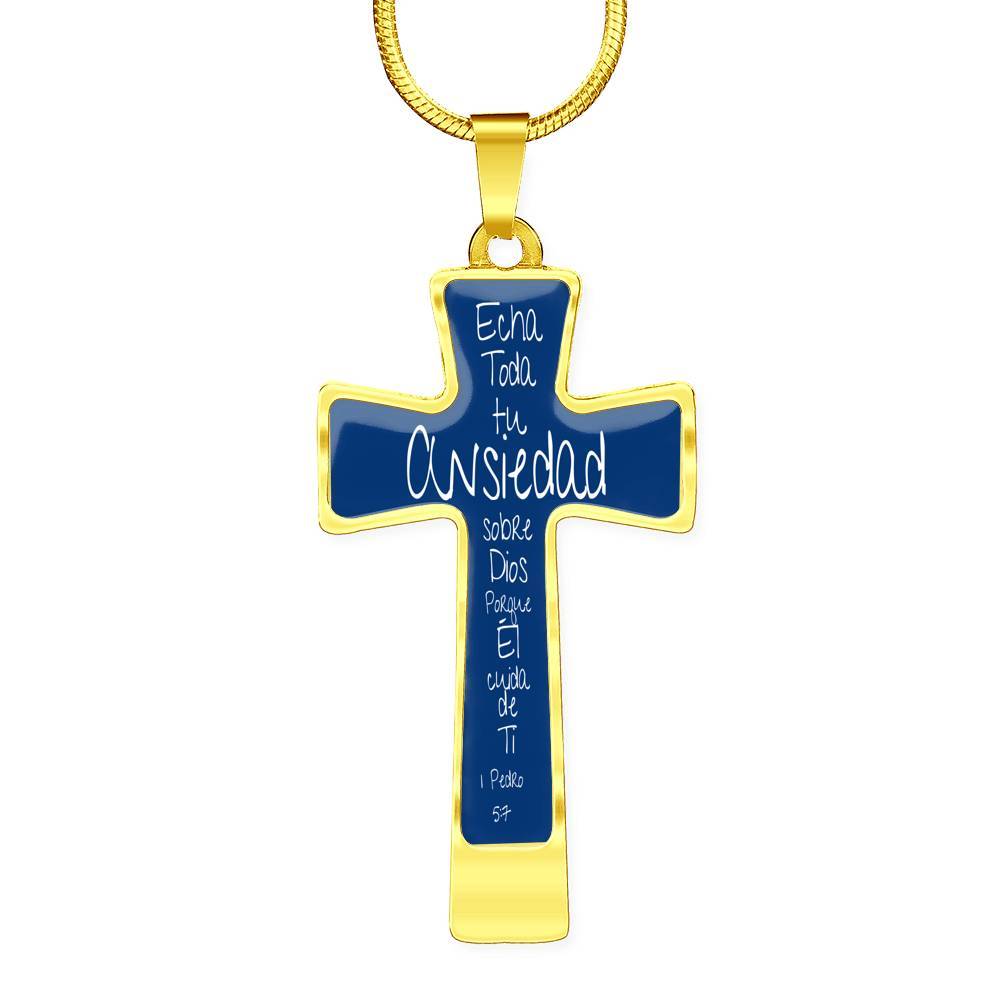 Collar para regalar a Papá en forma de Cruz: Echa toda tu Ansiedad sobre Dios porque Él cuida de Ti. Fondo Azul Jewelry 