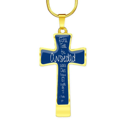 Collar para regalar a Papá en forma de Cruz: Echa toda tu Ansiedad sobre Dios porque Él cuida de Ti. Fondo Azul Jewelry 