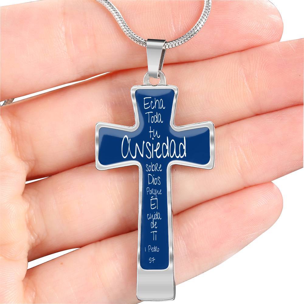 Collar para regalar a Papá en forma de Cruz: Echa toda tu Ansiedad sobre Dios porque Él cuida de Ti. Fondo Azul Jewelry 
