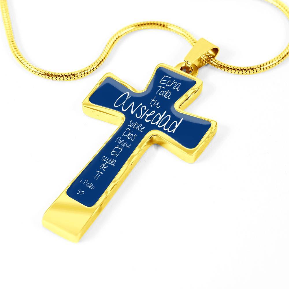 Collar para regalar a Papá en forma de Cruz: Echa toda tu Ansiedad sobre Dios porque Él cuida de Ti. Fondo Azul Jewelry 