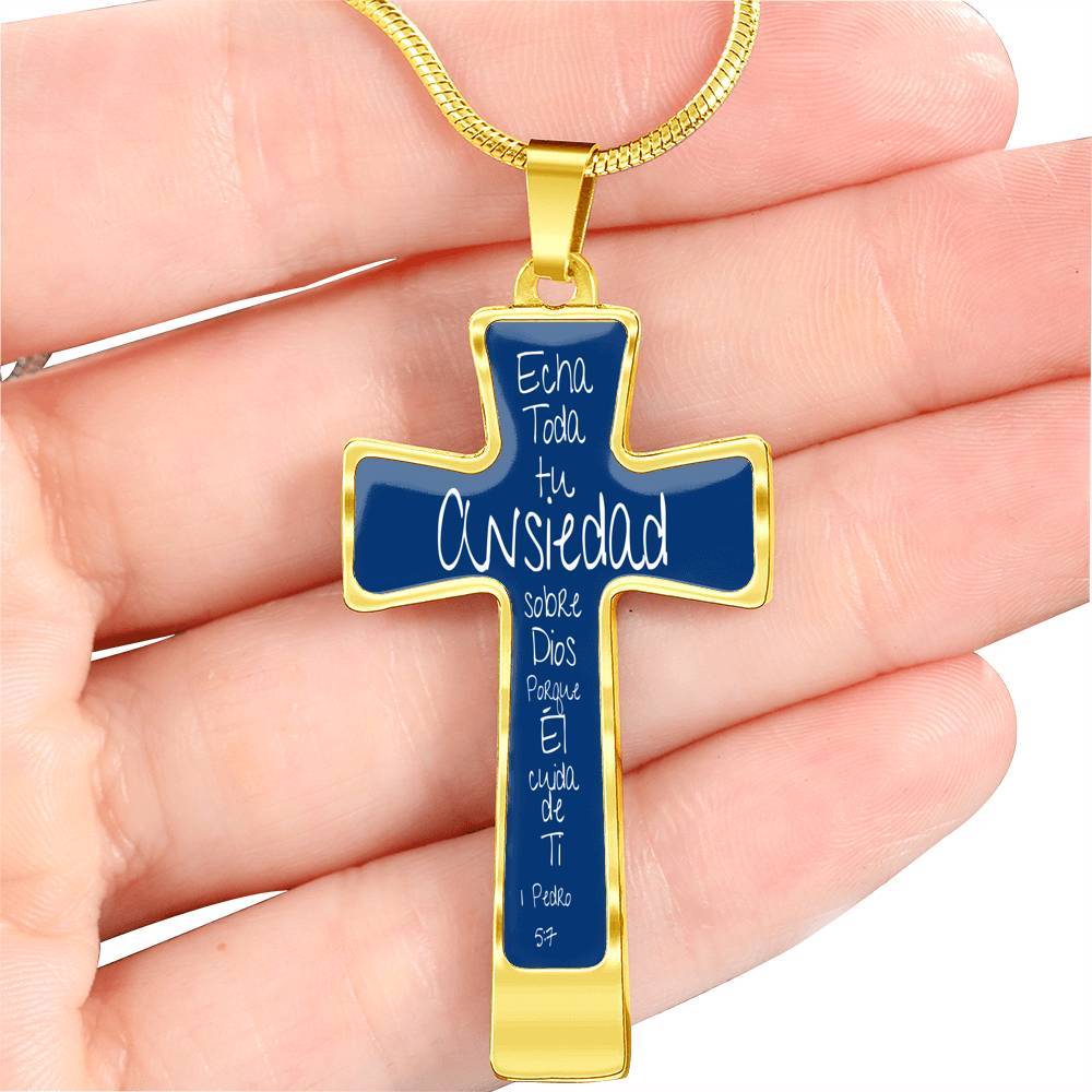 Collar para regalar a Papá en forma de Cruz: Echa toda tu Ansiedad sobre Dios porque Él cuida de Ti. Fondo Azul Jewelry 18k Yellow Gold Finish Cross with Luxury Necklace No 