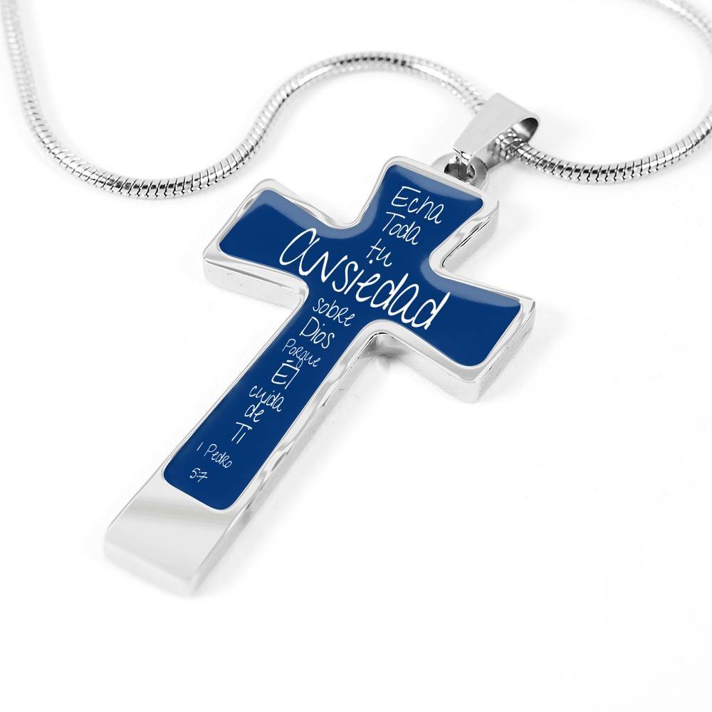Collar para regalar a Papá en forma de Cruz: Echa toda tu Ansiedad sobre Dios porque Él cuida de Ti. Fondo Azul Jewelry 