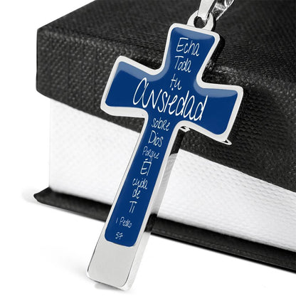 Collar para regalar a Papá en forma de Cruz: Echa toda tu Ansiedad sobre Dios porque Él cuida de Ti. Fondo Azul Jewelry Cross with Luxury Necklace No 