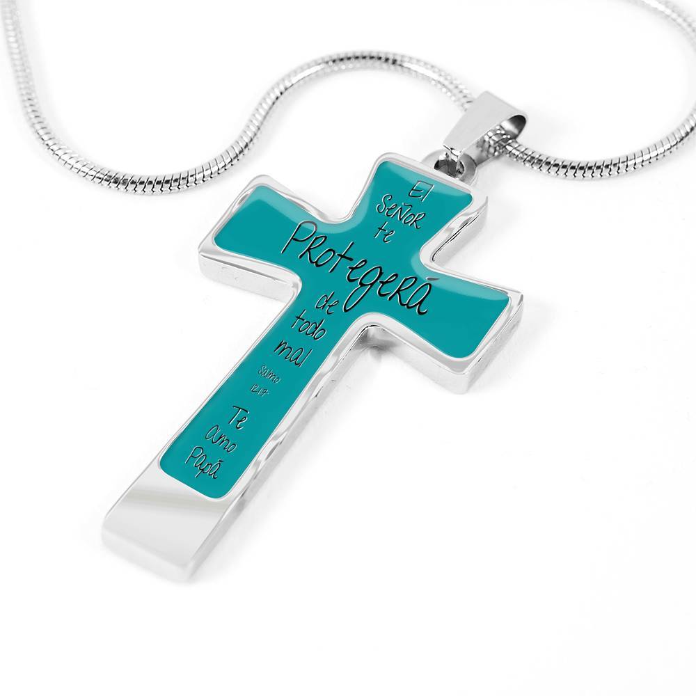 Collar para regalar a Papá en forma de Cruz: El Señor te protegerá de todo mal. Fondo Turquesa Jewelry ShineOn Fulfillment 