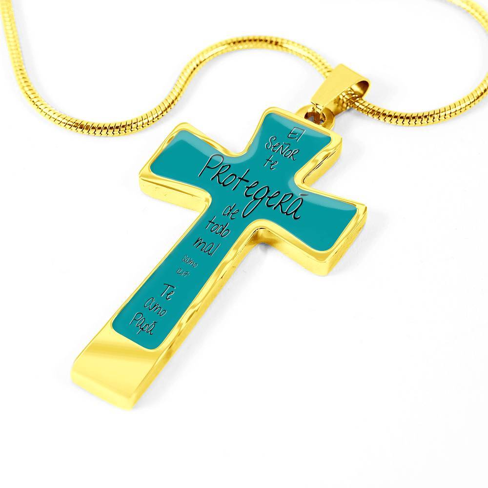 Collar para regalar a Papá en forma de Cruz: El Señor te protegerá de todo mal. Fondo Turquesa Jewelry ShineOn Fulfillment 