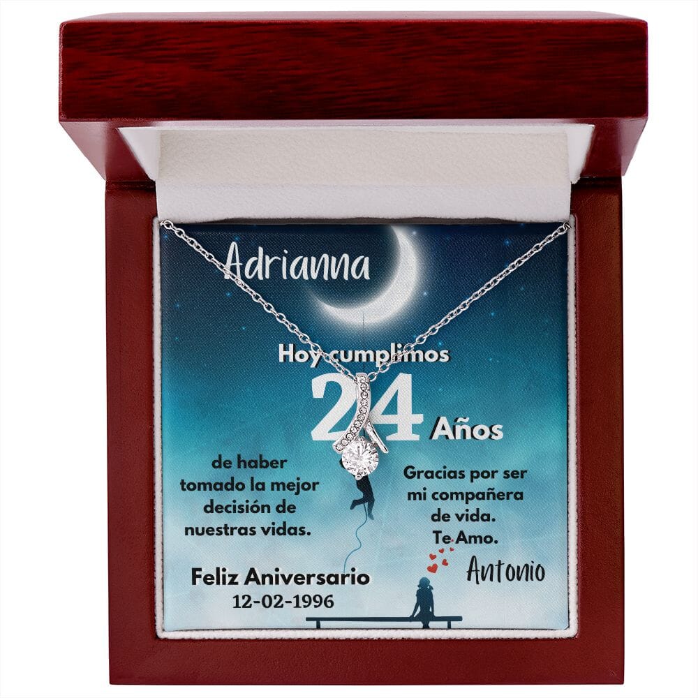 Collar para Regalo de Aniversario de Bodas - Collar Lazo con piedra - personaliza la tarjeta con los años y la fecha de la boda. Jewelry Caja de Madera de Lujo con Luz Mahogany 