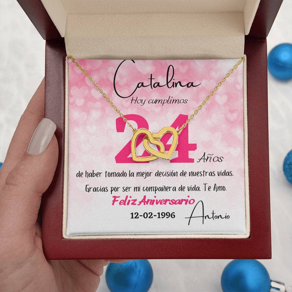 Collar Personalizado de Aniversario – Dos Corazones, Una Historia de Amor Eterno Jewelry Oro Amarillo de 18k Lujo Madera con Luz Led 