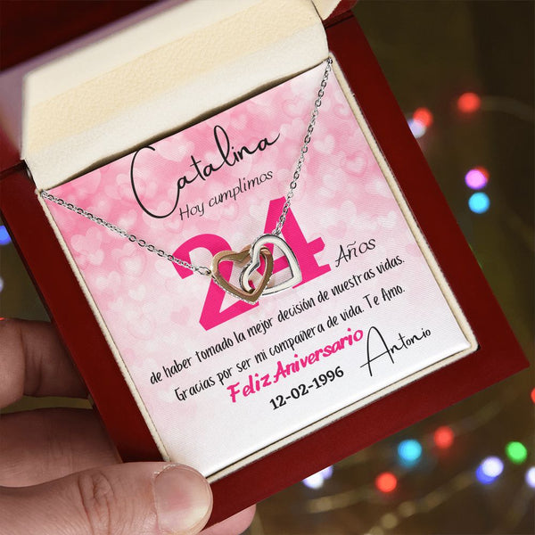 Collar Personalizado de Aniversario – Dos Corazones, Una Historia de Amor Eterno Jewelry oro blanco y Rosa 14k Lujo Madera con Luz Led 