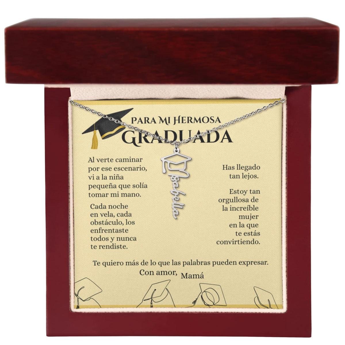 Collar Personalizado de Graduación con Nombre – Regalo Emotivo para Graduada | Joyería con Birrete | Recuerdo de Logro y Nuevos Comienzos Jewelry Acero inoxidable pulido Caja de madera de lujo Mahogany con luz Led 