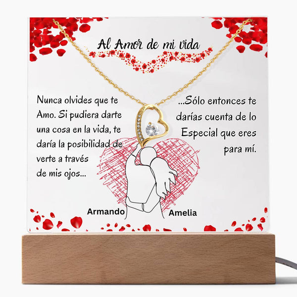 Conjunto de Lámpara de Acrílico con Luz LED y Collar Amor Eterno: Para el Amor de Mi Vida Jewelry ShineOn Fulfillment Luz Led Multicolor (Cable USB) Acabado en Oro Amarillo de 18K 