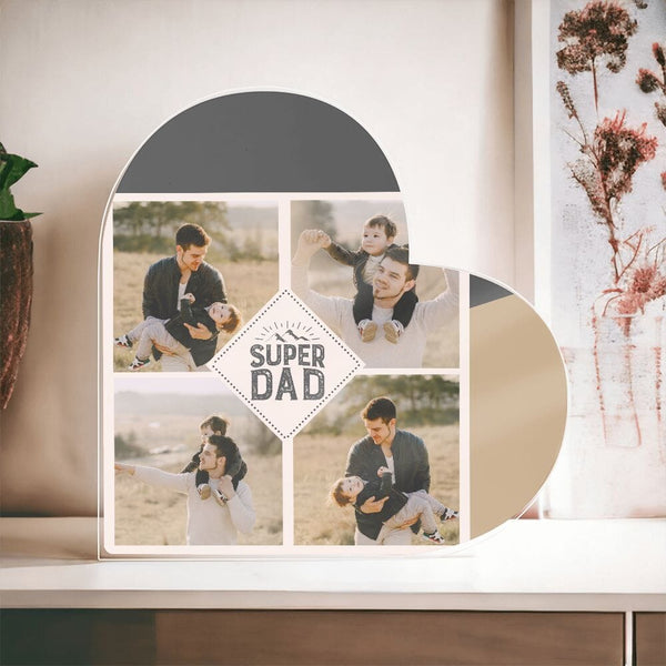 Corazón Acrílico Personalizado 'Super DAD': Placa con 4 Fotos – Un Regalo Único y Sentimental para Celebrar a Papá Jewelry ShineOn Fulfillment Style 