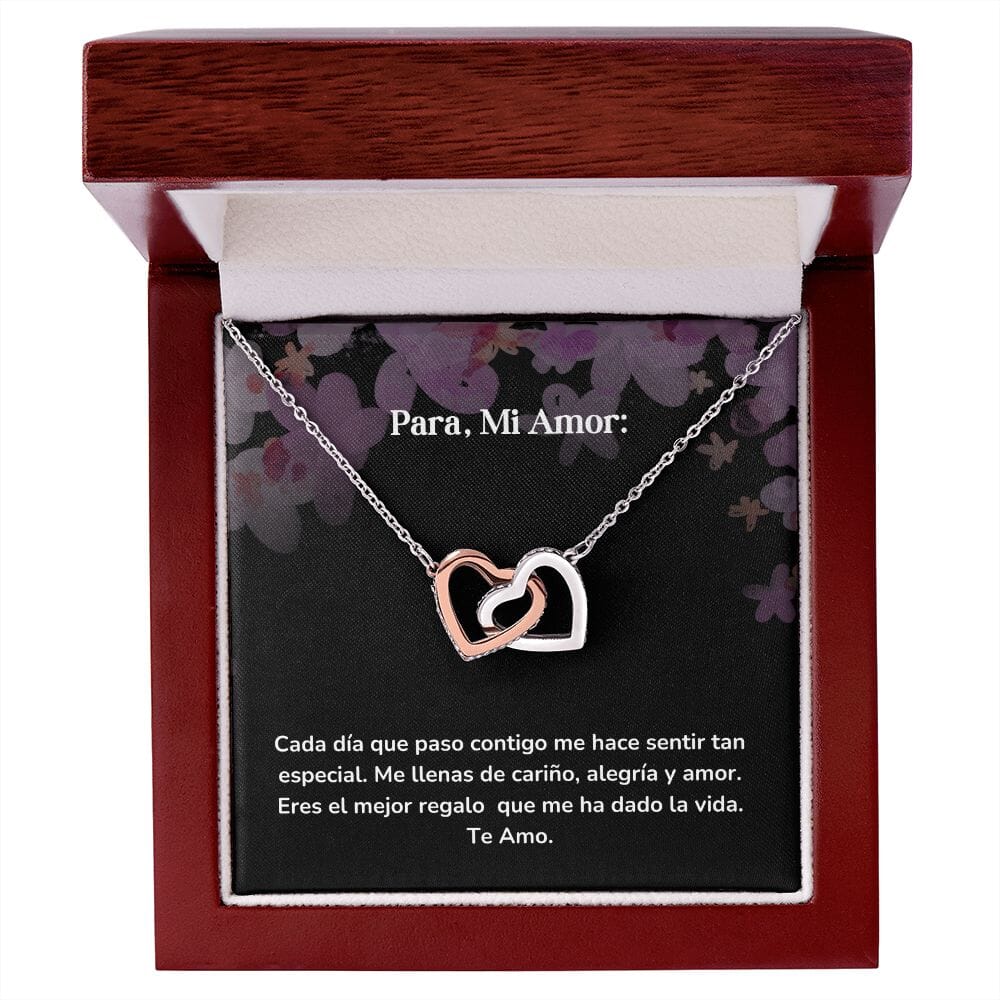 Corazones Entrelazados - Cada día que paso contigo me hace sentir tan especial. Jewelry/InterlockingHearts Acero Inoxidable Pulido &amp; Acabado en Oro Rosa Caja de Lujo Madera con Luz Led 