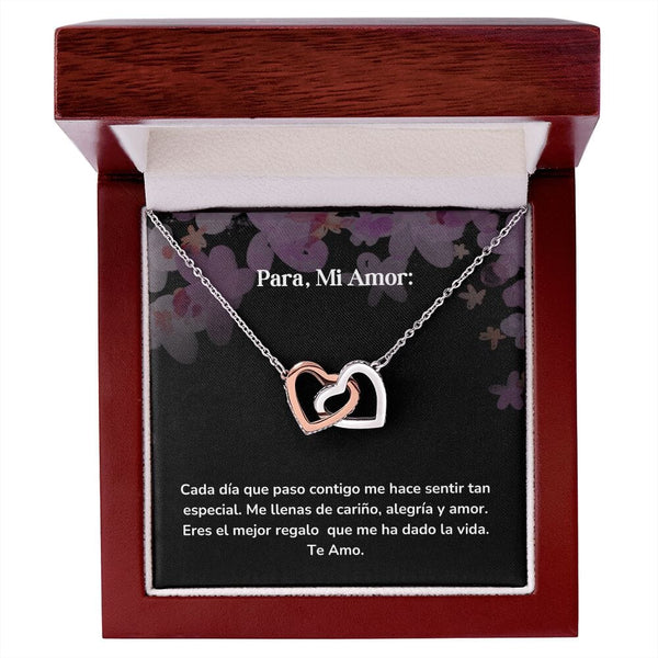 Corazones Entrelazados - Cada día que paso contigo me hace sentir tan especial. Jewelry/InterlockingHearts Acero Inoxidable Pulido &amp; Acabado en Oro Rosa Caja de Lujo Madera con Luz Led 