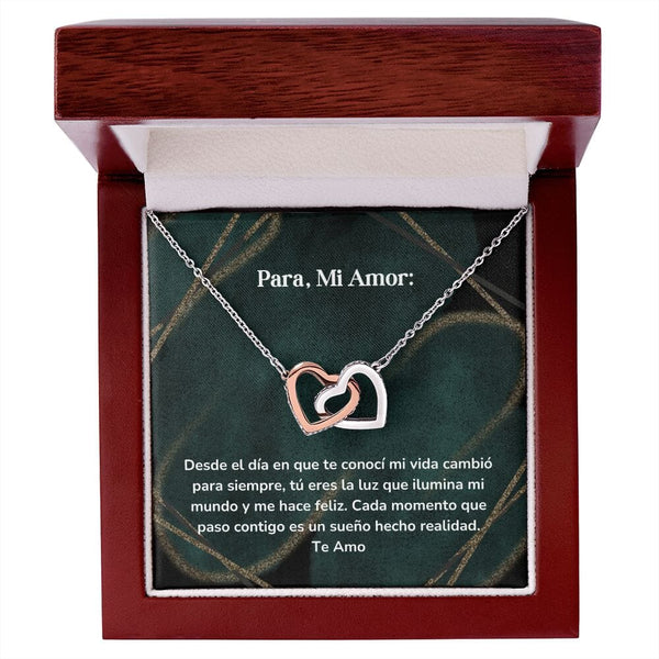 Corazones Entrelazados - Desde el día en que te conocí mi vida cambió para siempre Jewelry/InterlockingHearts Acero Inoxidable Pulido &amp; Acabado en Oro Rosa Caja de Lujo Madera con Luz Led 