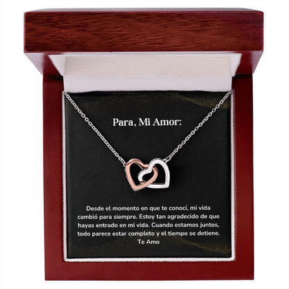Corazones Entrelazados - Desde el momento en que te conocí, mi vida cambió para siempre. Jewelry/InterlockingHearts Acero Inoxidable Pulido &amp; Acabado en Oro Rosa Caja de Lujo Madera con Luz Led 