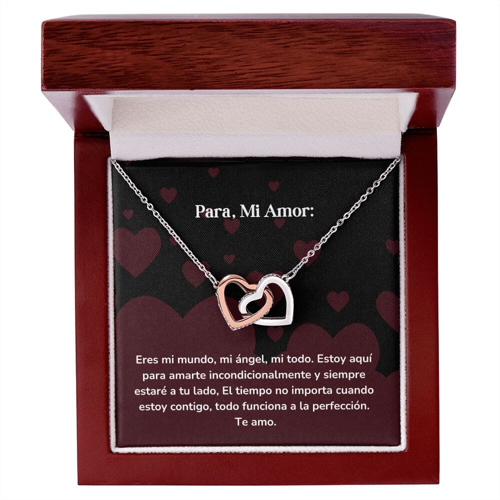 Corazones Entrelazados - Eres mi mundo, mi ángel, mi todo. Estoy aquí para amarte Jewelry/InterlockingHearts Acero Inoxidable Pulido &amp; Acabado en Oro Rosa Caja de Lujo Madera con Luz Led 