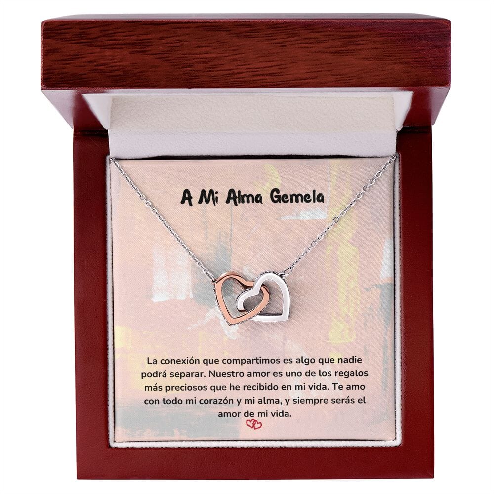 Corazones Entrelazados - La conexión que compartimos es algo que nadie podrá separar. Jewelry/InterlockingHearts Acero Inoxidable Pulido &amp; Acabado en Oro Rosa Caja de Lujo Madera con Luz Led 