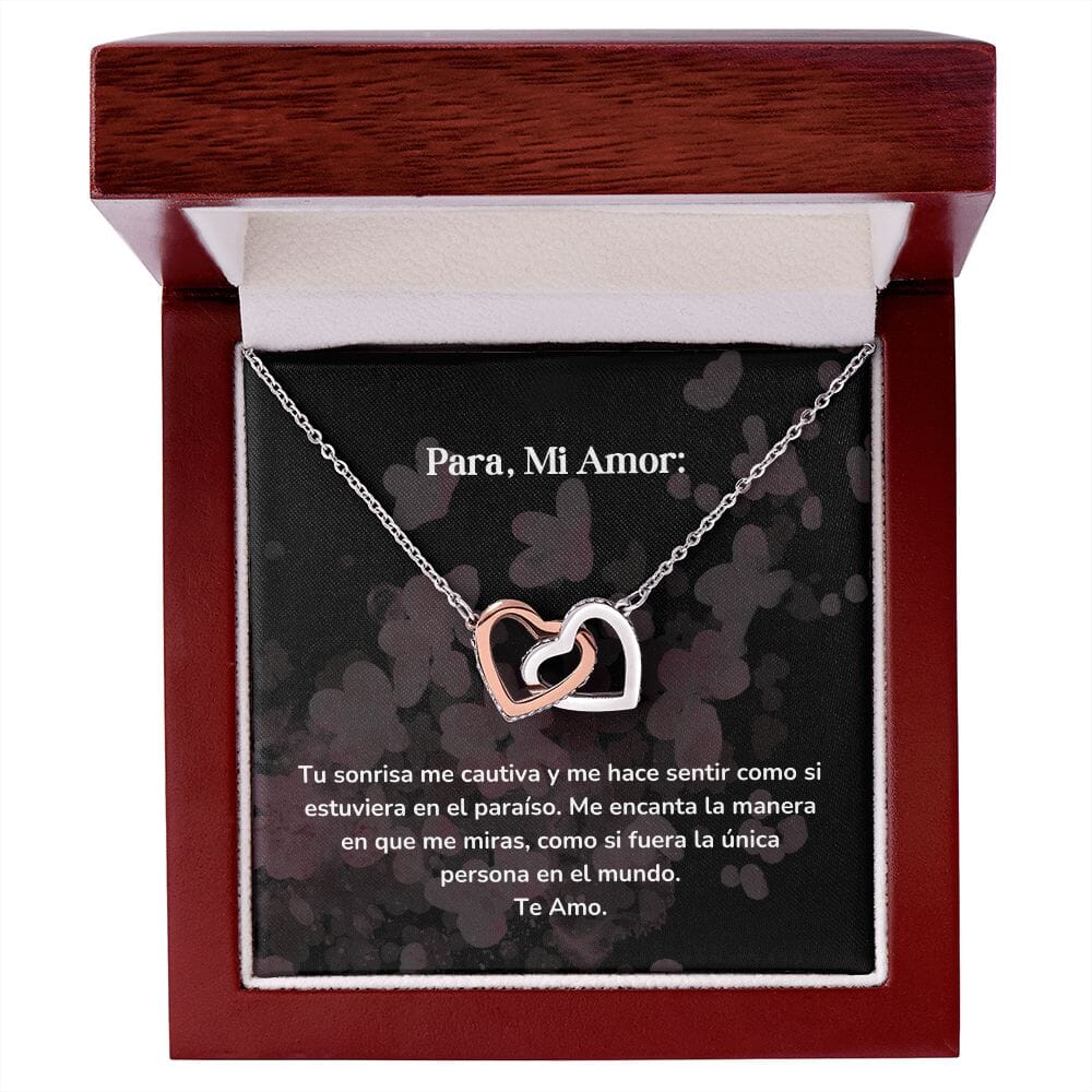 Corazones Entrelazados - Tu sonrisa me cautiva y me hace sentir como si estuviera en el paraíso. Jewelry/InterlockingHearts Acero Inoxidable Pulido &amp; Acabado en Oro Rosa Caja de Lujo Madera con Luz Led 