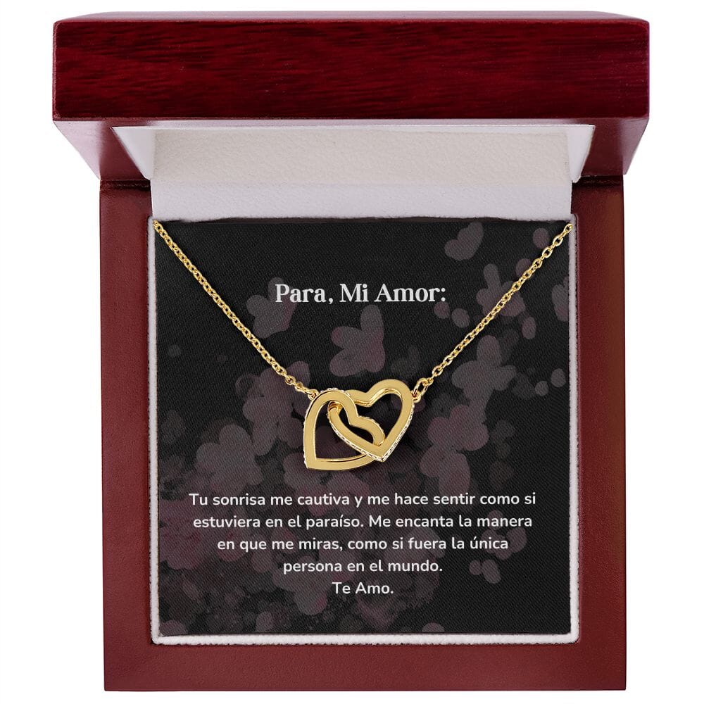 Corazones Entrelazados - Tu sonrisa me cautiva y me hace sentir como si estuviera en el paraíso. Jewelry/InterlockingHearts Acabado en Oro Amarillo de 18 quilates Caja de Lujo Madera con Luz Led 