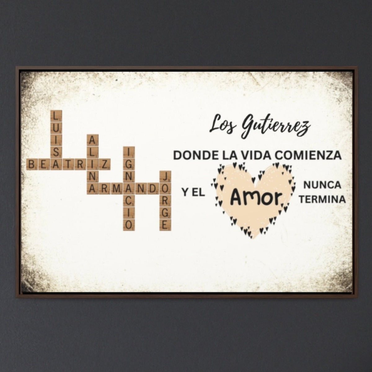 Crucigrama Familiar Personalizado: 'Familia, Donde la Vida Comienza y el Amor Nunca Termina' – Disponible en Español e Inglés Canvas Printify 