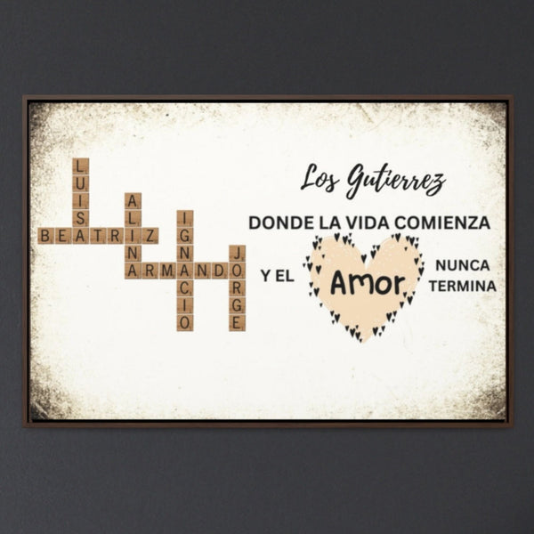 Crucigrama Familiar Personalizado: 'Familia, Donde la Vida Comienza y el Amor Nunca Termina' – Disponible en Español e Inglés Canvas Printify 