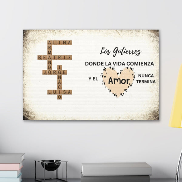 Crucigrama Familiar Personalizado: 'Familia, Donde la Vida Comienza y el Amor Nunca Termina' – Disponible en Español e Inglés Canvas Printify 