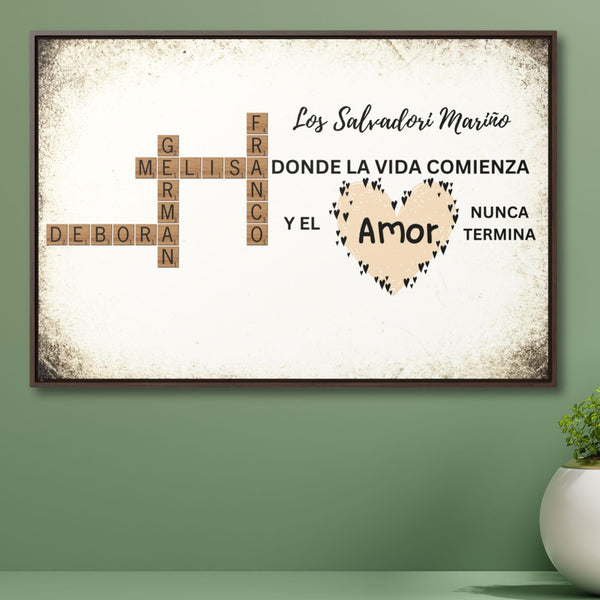 Crucigrama Familiar Personalizado: 'Familia, Donde la Vida Comienza y el Amor Nunca Termina' – Disponible en Español e Inglés Canvas Printify 