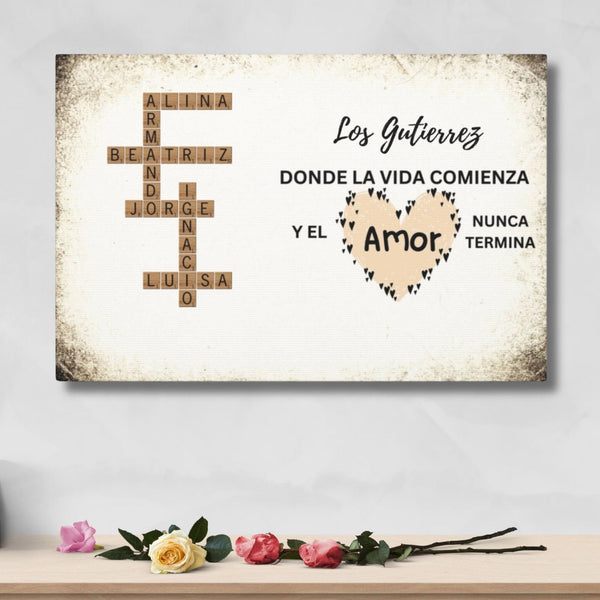 Crucigrama Familiar Personalizado: 'Familia, Donde la Vida Comienza y el Amor Nunca Termina' – Disponible en Español e Inglés Canvas Printify 