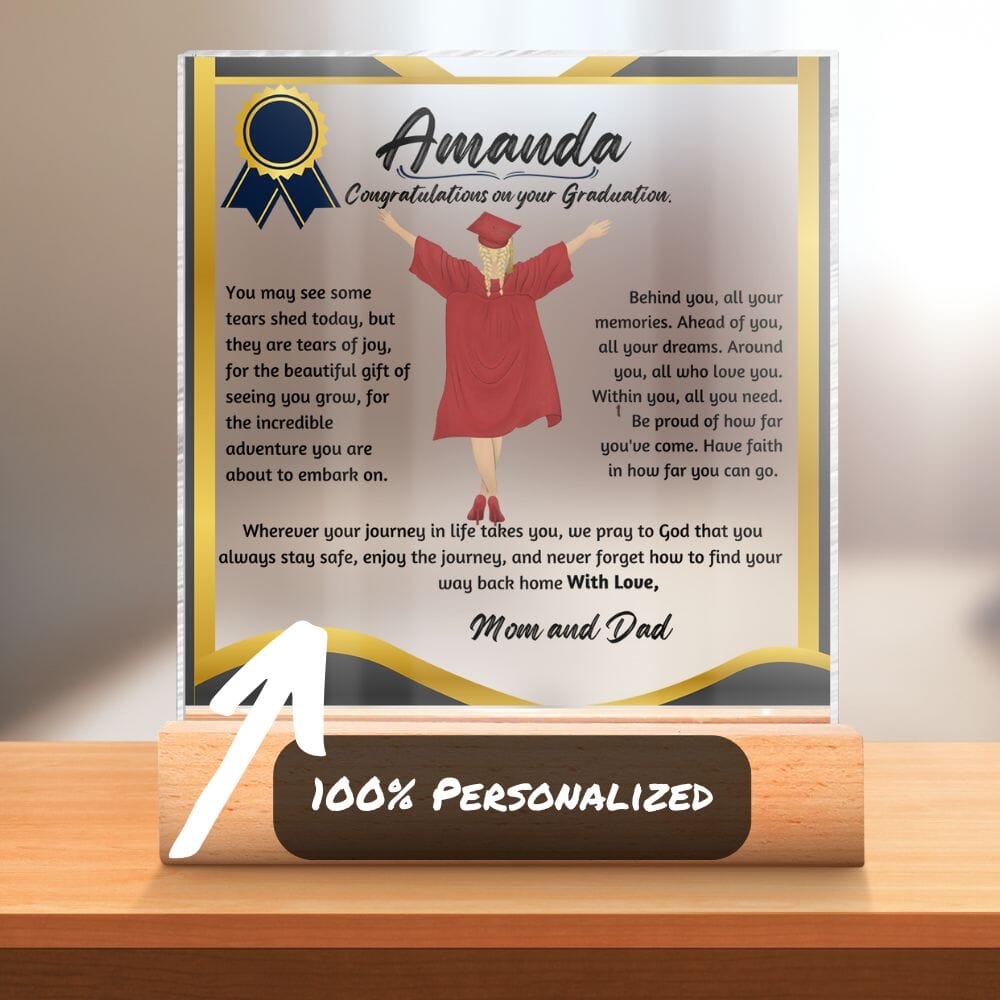 Custom Shiny Acrylic Plaque for Graduation: The Unforgettable and Exclusive Keepsake. Jewelry Acrylic Square with LED Base 