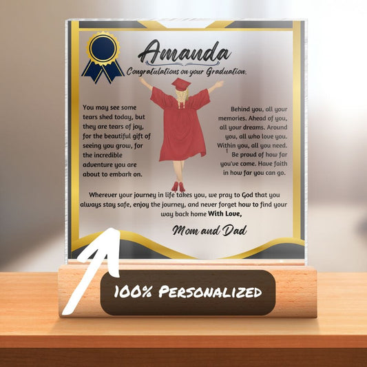 Custom Shiny Acrylic Plaque for Graduation: The Unforgettable and Exclusive Keepsake. Jewelry Acrylic Square with LED Base 
