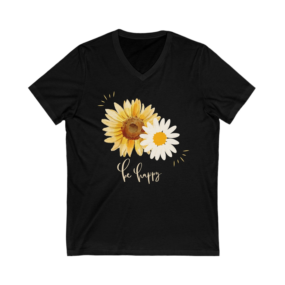 Daisy Delight: Exclusiva Camiseta 'Be Happy' - Solo en Nuestra Web V-neck Printify S Black 