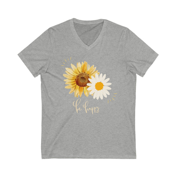 Daisy Delight: Exclusiva Camiseta 'Be Happy' - Solo en Nuestra Web V-neck Printify S Athletic Heather 
