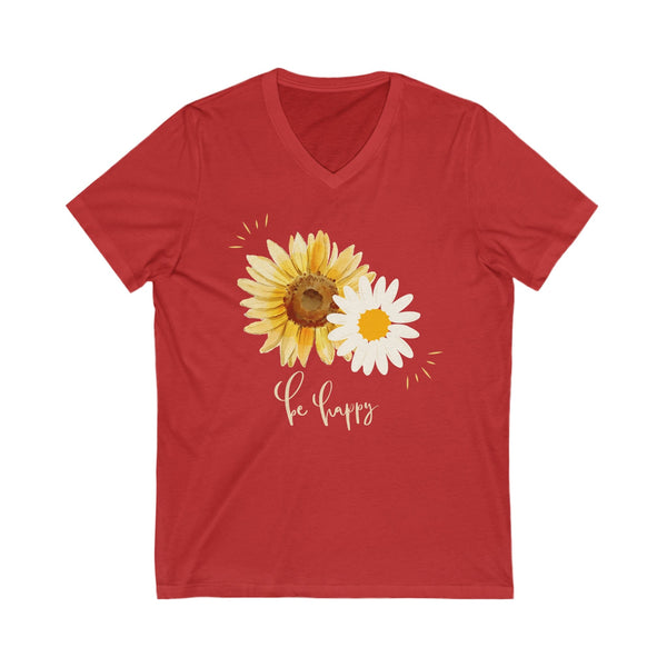 Daisy Delight: Exclusiva Camiseta 'Be Happy' - Solo en Nuestra Web V-neck Printify S Red 