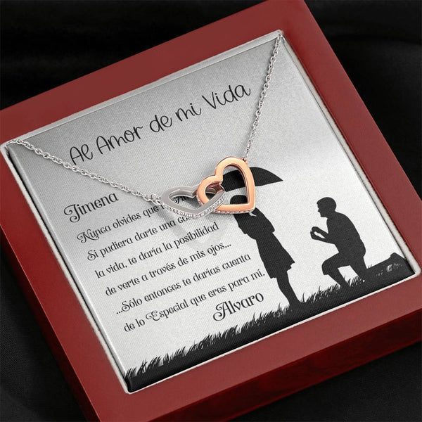 El mejor regalo para el Amor de tu vida - Collar de Dos corazones Interconectados - Personaliza la tarjeta con los nombres. Jewelry Caja de Regalo de Lujo con luz Led -Mahogany 